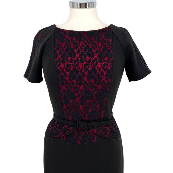 David Meister Black Red Lace A-Line Short Sleeve Dress Size 2 - Picture 2 of 11